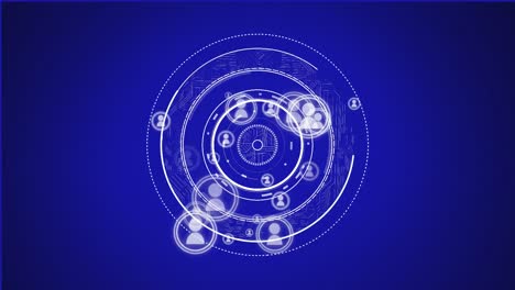 Animation-of-interface-showing-circular-scope-with-connected-people-icons-on-blue-background