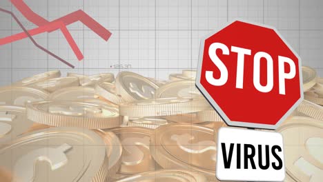 Animation-of-stop-virus-sign-and-red-lines-descending-over-american-dollar-coins
