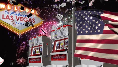 Animation-of-playing-cards-falling-with-american-flag-over-las-vegas-casino-sign-with-fruit-machines