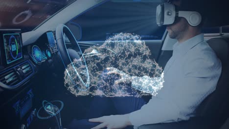 Animation-of-a-cloud-of-network-connections-with-man-in-vr-headset-using-self-driving-car
