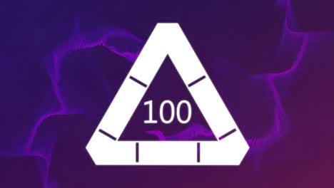 Animation-of-numbers-growing-to-one-hundred-in-white-triangle-on-purple-light-trails-in-background