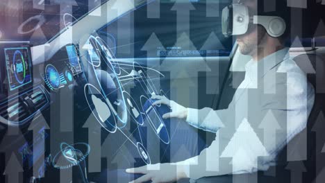 Animation-Von-Informationsanzeigen-Und-Pfeilen-Mit-Einem-Mann-Im-VR-Headset,-Der-Ein-Selbstfahrendes-Auto-Nutzt