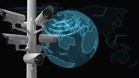 Animation-of-moving-surveillance-cameras-with-turning-blue-globe-and-glowing-information-on-black