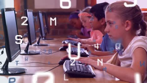 Animation-of-numbers-and-letters-changing-over-school-children-using-computers