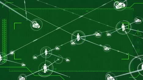 Animation-Eines-Netzwerks-Verbundener-Menschen-Und-Wolkensymbole-In-Weiß,-Die-Sich-Auf-Grün-Bewegen