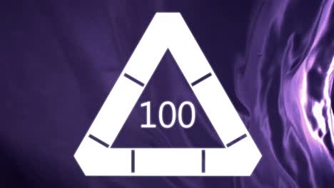 Animation-of-numbers-growing-to-one-hundred-in-white-triangle-on-purple-liquid-background
