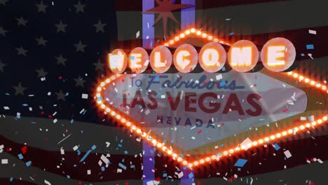 Animation-of-confetti-falling-with-american-flag-waving-over-las-vegas-casino-sign