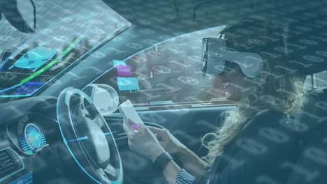 Animation-of-information-displays-with-woman-in-vr-headset-using-smartphone-in-self-driving-car