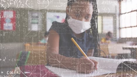 Animation-of-floating-mathematical-equations-over-a-girl-wearing-face-mask-sitting-in-classroom