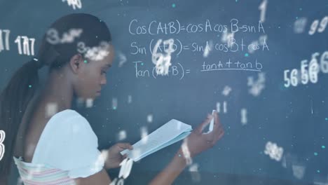Animation-of-floating-numbers-over-a-girl-writing-on-a-blackboard