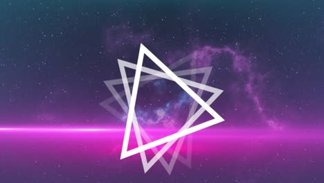 Animation-of-multiple-white-triangles-spinning-on-seamless-loop-over-glowing-pink-light-trails
