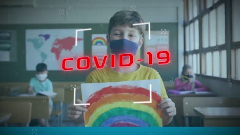 Animation-of-covid-19-text-over-schoolboy-in-face-mask-holding-rainbow-drawing