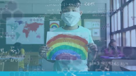 Animation-of-mathematical-formulae-over-schoolboy-in-face-mask-holding-rainbow-drawing