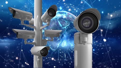 Animation-of-moving-surveillance-cameras-with-turning-blue-globe-and-glowing-beams-of-light-on-black