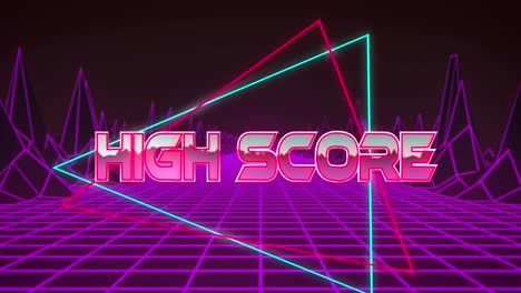 Animation-of-high-score-text-over-colourful-grid-and-digital-terrain