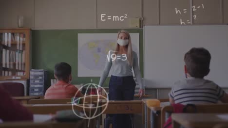 Mathematical-equations-floating-against-female-teacher-wearing-face-mask-teaching-at-school