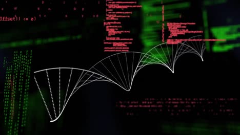 Animation-of-3d-dna-strand-spinning-and-scientific-data-processing-over-black-background