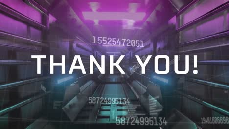 Animation-of-thank-you-text-with-floating-numbers-over-a-blue-tunnel