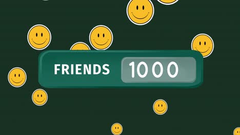 Animation-of-numbers-changing-and-friends-text-over-multiple-emoji-icons-on-green-background