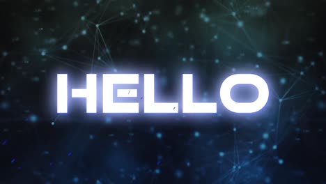 Animation-of-hello-text-over-blue-dots-floating-on-black-background
