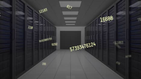 Animation-of-yellow-numbers-changing-over-tech-room-with-computer-servers