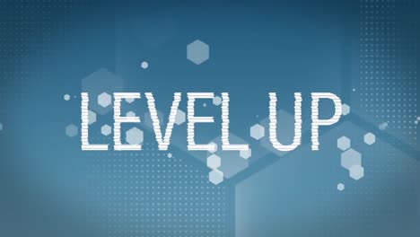 Animation-of-level-up-text-over-white-dots-floating-on-blue-background