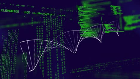 Animation-Des-Spinnens-Von-3D-DNA-Strängen-Und-Der-Wissenschaftlichen-Datenverarbeitung-Auf-Blauem-Hintergrund