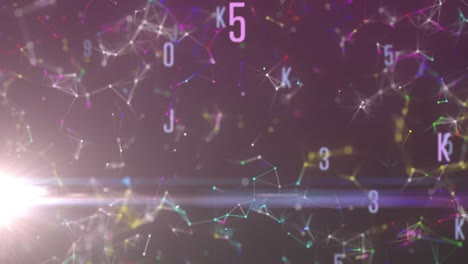 Multiple-changing-numbers-and-alphabets-against-network-of-connections-on-purple-background