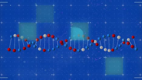 Animation-of-3d-dna-strand-spinning-and-flickering-squares-on-blue-background