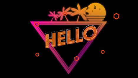 Animation-of-hello-text-over-a-square-with-digital-sunset