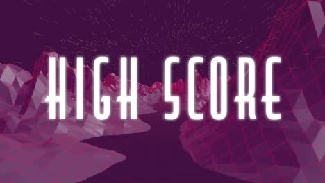 Animation-of-high-score-text-over-purple-digital-terrain