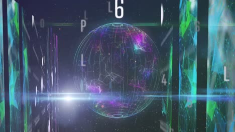 Animation-of-letters-and-numbers-over-spinning-globe-and-digital-screen