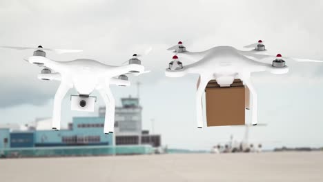 Animation-of-drones-carrying-parcel-flying-over-out-of-focus-airport