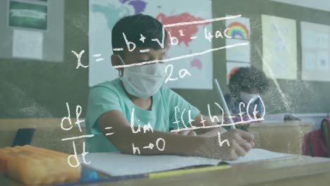 Animation-of-mathematical-formulae-over-schoolboy-in-face-mask-writing-at-school