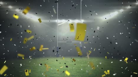 Animation-of-gold-confetti-falling-over-rugby-pitch-sports-stadium