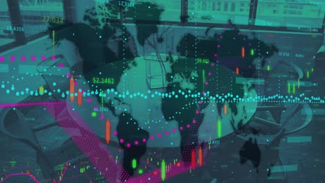 Animation-Der-Finanzdatenverarbeitung-Mit-Weltkarte-über-Leerem-Besprechungsraum