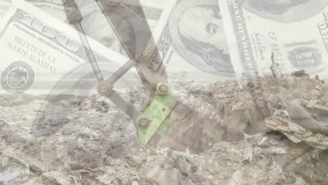 American-dollar-bills-over-digger-in-rubbish-disposal-site