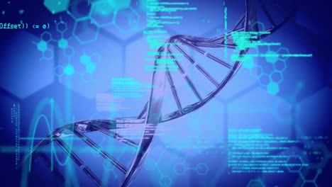 Animation-of-3d-dna-strand-spinning-and-scientific-data-processing-over-blue-background