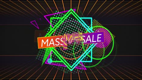 Animation-of-massive-sale-text-over-multiple-colourful-shapes-moving-and-changing