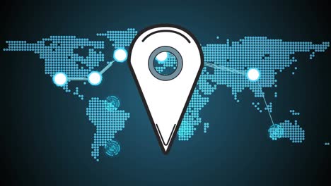Digital-animation-of-location-pin-icon-against-world-map-on-blue-background