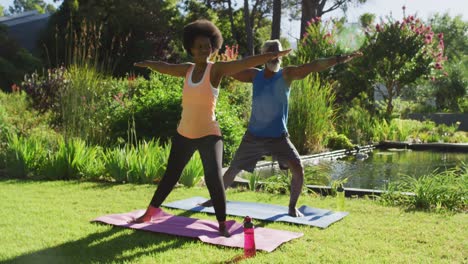 Pareja-De-Ancianos-Afroamericanos-Haciendo-Ejercicio-Practicando-Yoga-De-Pie-En-Un-Jardín-Soleado