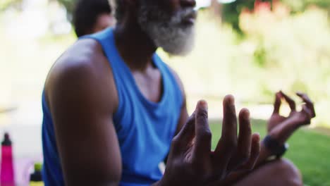 Älteres-Afroamerikanisches-Paar,-Das-Yoga-Praktiziert-Und-Im-Sonnigen-Garten-Meditiert