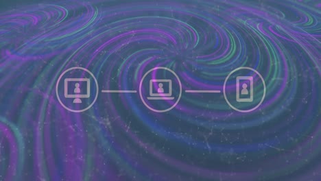 Digitale-Animation-Eines-Netzwerks-Digitaler-Symbole-Vor-Digitalen-Wellen-Auf-Violettem-Hintergrund