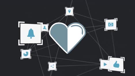 Digital-animation-of-heart-icon-over-network-of-connection-icons-against-black-background