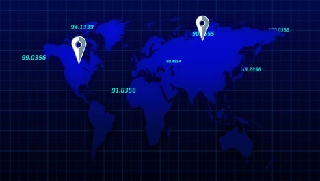 Digital-animation-of-location-pin-icons-and-floating-numbers-against-world-map-on-blue-background