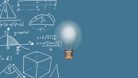 Digital-animation-of-bulb-floating-against-mathematical-equations-floating-on-blue-background