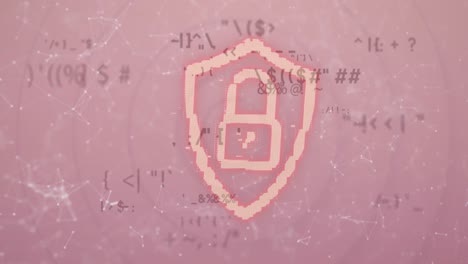 Network-of-connections-and-changing-symbols-against-security-padlock-icon-on-pink-background