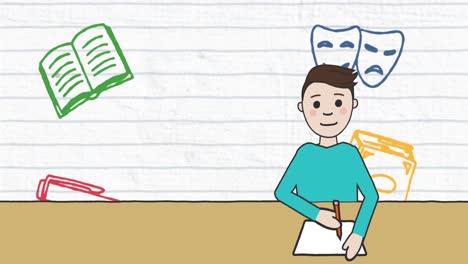 Digitale-Animation-Eines-Studierenden-Schuljungen-Und-Mehrere-Schulkonzeptsymbole-Auf-Weißem-Liniertem-Papier