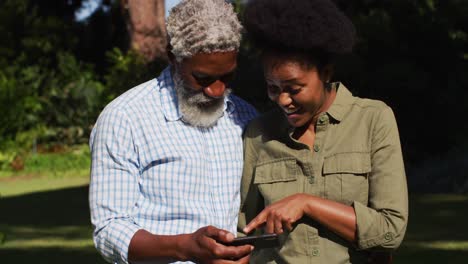 Lächelndes-Afroamerikanisches-Seniorenpaar,-Das-Im-Sonnigen-Garten-Auf-Das-Smartphone-Schaut