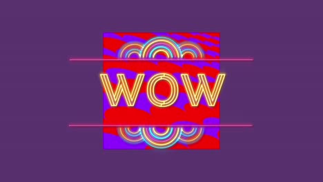 Digital-animation-of-neon-wow-text-over-red-banner-against-purple-background
